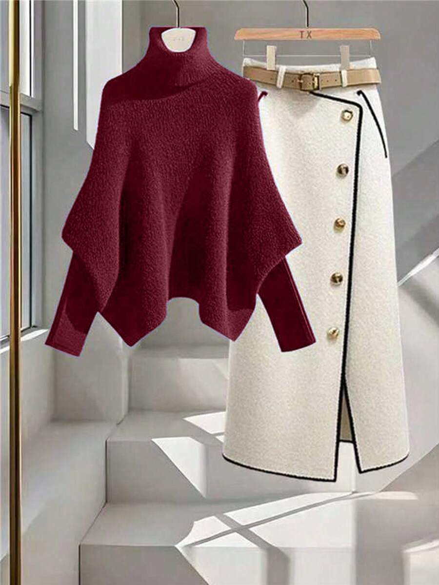 GlowEve Women's High Neck Asymmetrical Poncho Loose Sweater, Elegant Navy Blue, Batwing Sleeve, Fashionable & Versatile, Autumn/Winter - Burgundy - View 1