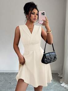 Elenzga Women's Sleeveless V-Neck Criss-Cross Strap Midi Dress, Elegant And Simple For Parties, Spring/Summer - Apricot - View 6