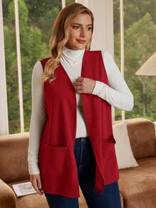EMERY ROSE Plus Size Solid Color Sleeveless Loose Pocket Simple Casual Jacket,Spring/Summer,Summer,Vacation Woman / Vacation In Fall/Winter - Red - View 3