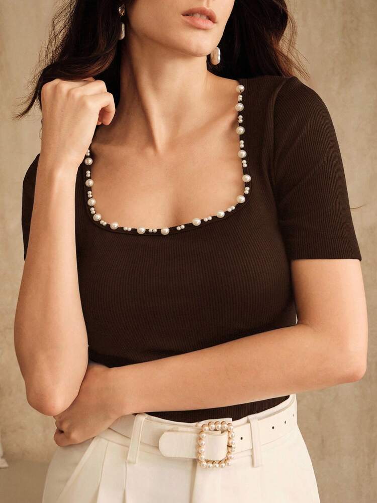 Anewsta Essential New Fashionable Seamless Fitted Rhinestone Embellished Crew Neck T-Shirt