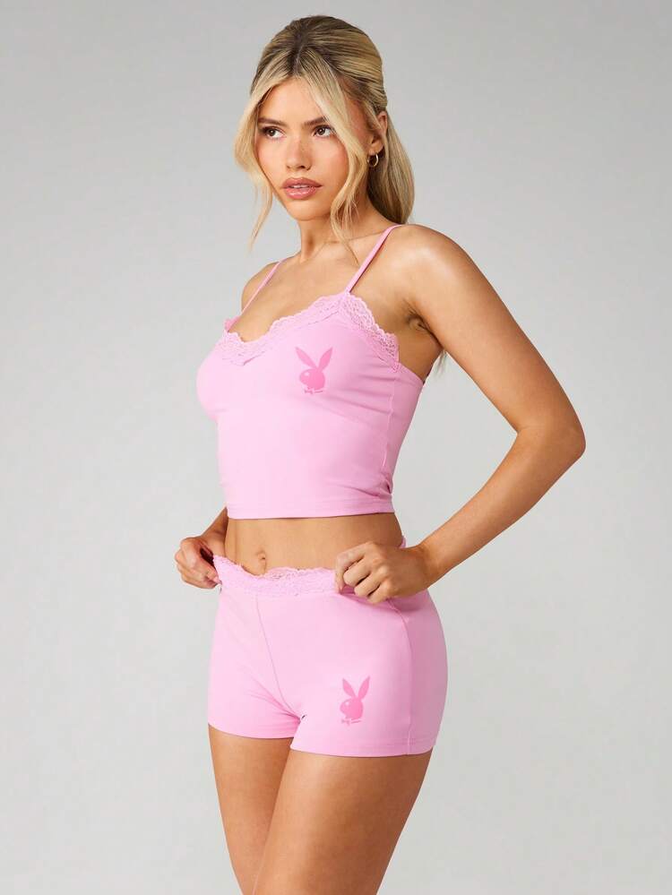 Missguided x Playboy Lace Trim Cami Top And Shorts Matching Set Two Piece Outfit Sleepwear Lounge Set Summer Casual Coordinated Pajama Set Spaghetti Strap Tank Top