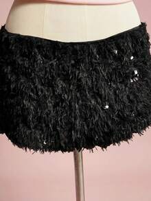 ROMWE Avant Feather, Sequin, Glitter Embellished Sexy Ultra-Low Waist Mini Shorts For Women, Suitable For Party, Festival