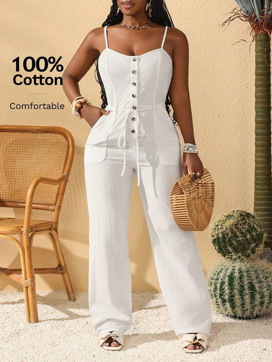 Slaydiva Women's White Sleeveless Jumpsuit, Suitable For Music Festivals, Easter, Graduation Season, Weddings, Student Wear, Attending Birthday Parties, Daily Casual Wear, Minimalist Style, Vacation, Cruise Travel, Beach, Sunbathing - White - View 1