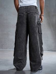 ROMWE MEN Street Life Men's Casual Washed Wide Leg Cargo Jeans - Black - View 3