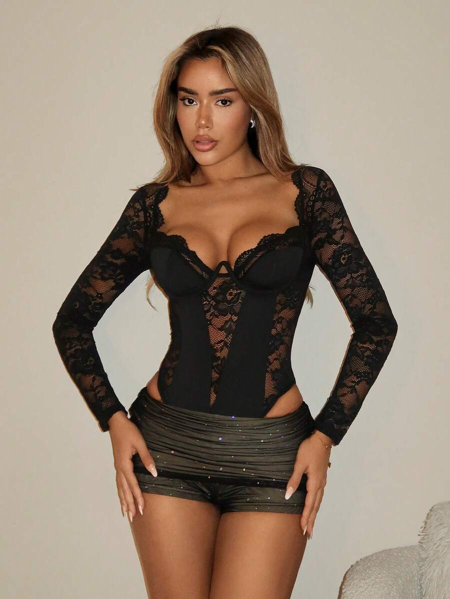 SHEIN ICON Y2K Lace Patchwork Bodysuit, Tight Fit Long Sleeve Backless High Waist Women Bodysuit Sexy - Black - View 1