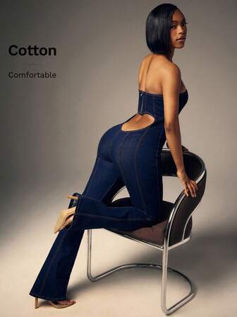 Denimoi Hjärtutskuren axelbandslös utsvängd denimjump