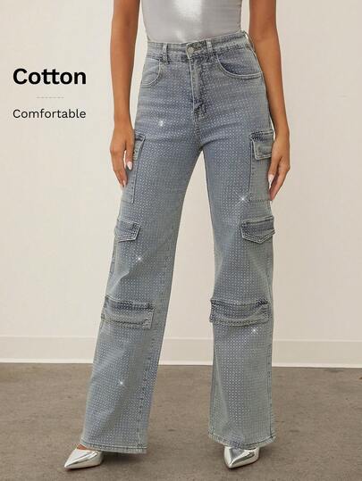 Denimoi Ropa de mujer para invierno y otoño, pantalones cargo de cintura media con decoración de rhinestones y múltiples bolsillos, pierna recta, pantalones cargo casuales para uso diario, salir, conciertos, festivales, fiestas