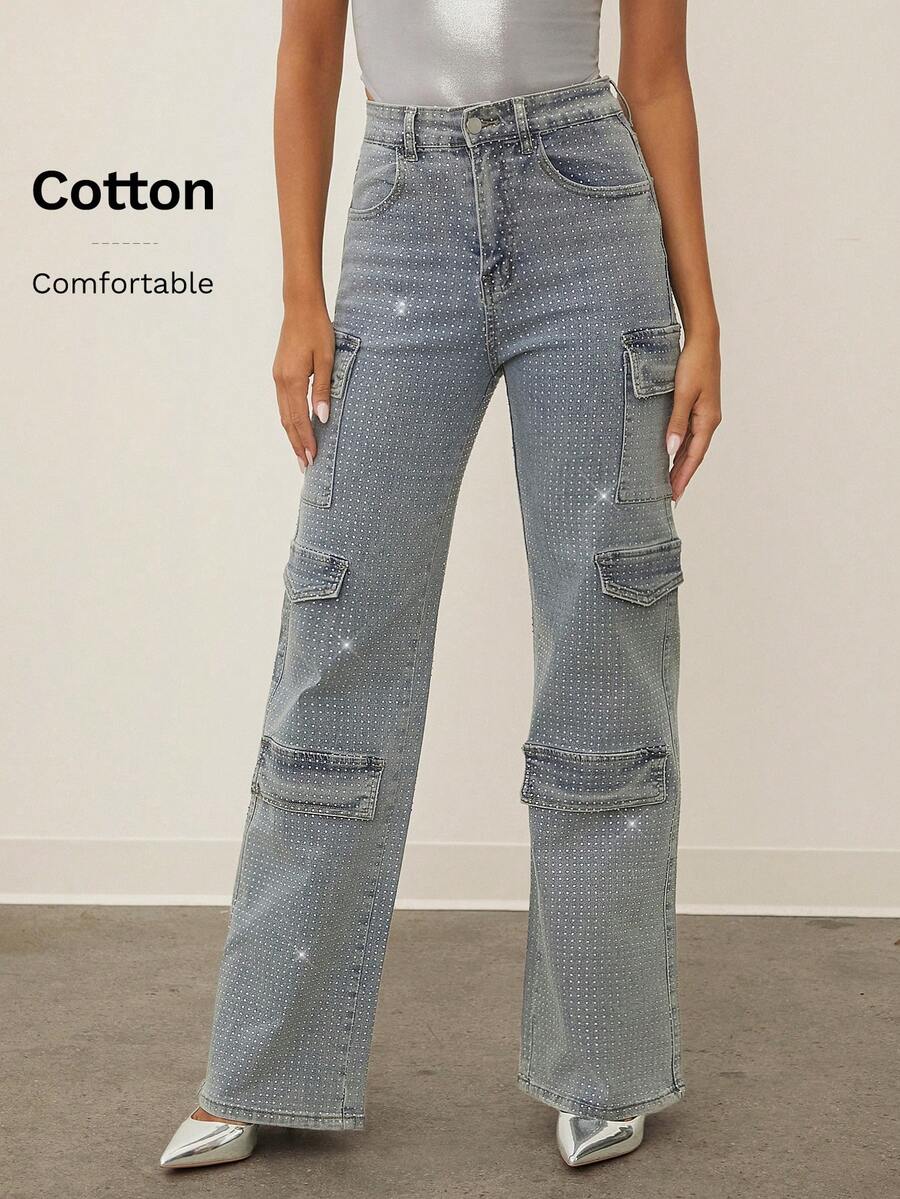Denimoi Ropa de mujer para invierno y otoño, pantalones cargo de cintura media con decoración de rhinestones y múltiples bolsillos, pierna recta, pantalones cargo casuales para uso diario, salir, conciertos, festivales, fiestas