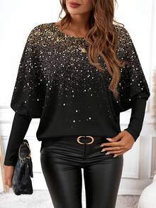 EMERY ROSE Maglietta grafica casual e minimalista da donna con stampa in finto glitter metallico, adatta per l'autunno/inverno - Multicolore - Visualizzare 7
