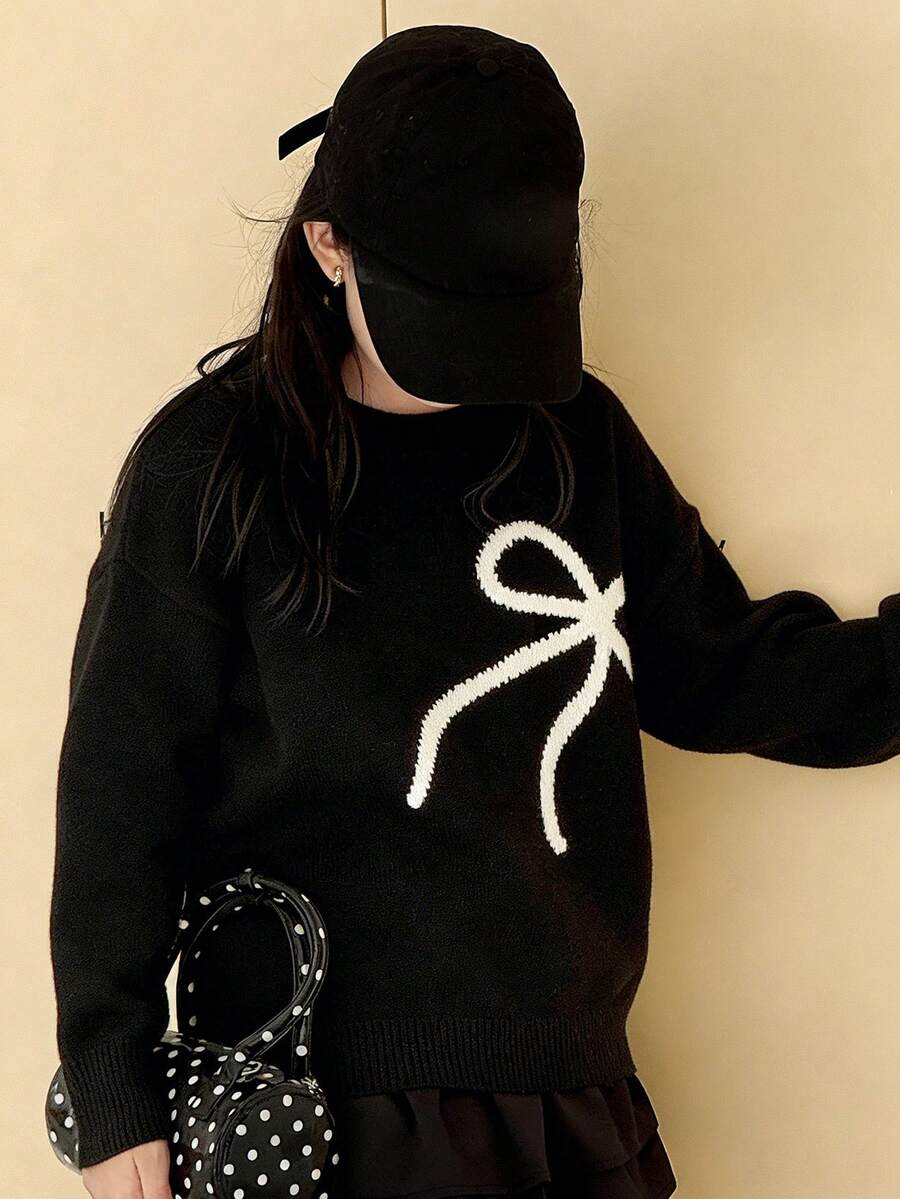 Dazy Kids 少女圆领蝴蝶结装饰长袖毛衣,秋冬季 - 黑色 - 查看 1