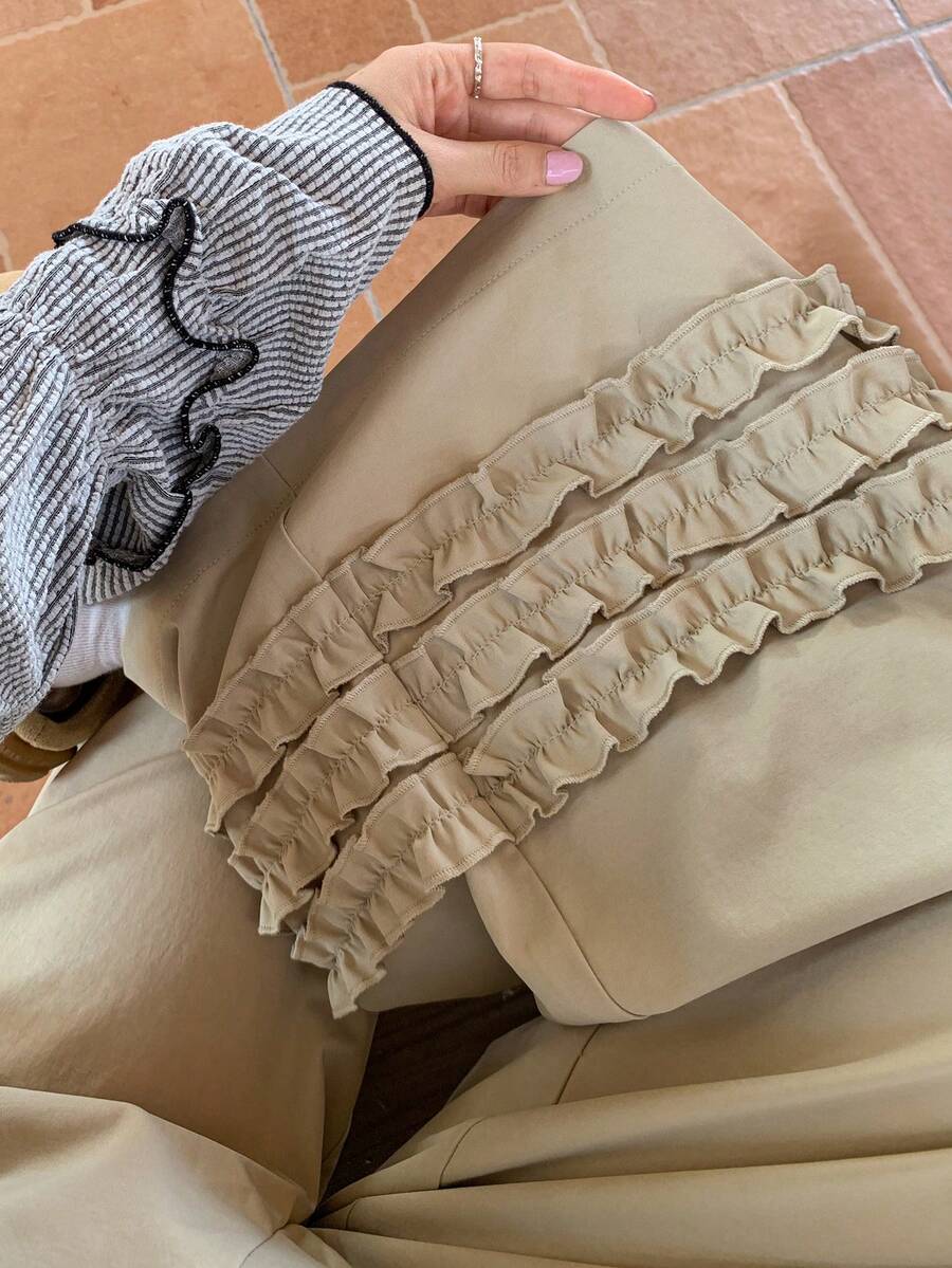 FRIFUL 女士弹力腰宽松阔腿裤，多层荷叶边裤脚，九分裤长 - 杏色 - 查看 1