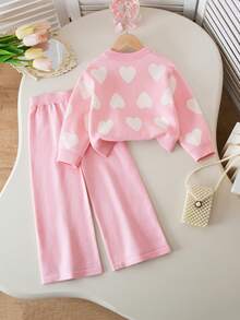 Genkimix Kids Girls Pink Heart Pattern Jacquard Knit Sweater & Pants 2-Piece Set,Cute Autumn/Winter Holiday Kids Two Piece Sweater Sets - Baby Pink - View 2