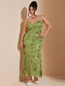 SHEIN BAE 大码女士优雅鸡尾酒会礼服，绿色亮片拼接，鱼尾裙摆，夏季 - 綠色 - 查看 6