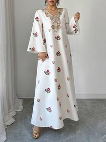 Yasmyna Women's Elegant Floral Print V-Neck Patchwork Lace Sequin Applique Flare Sleeve Loose Arabic Abaya Robe Dress Modest Caftan Dress - White - View 3