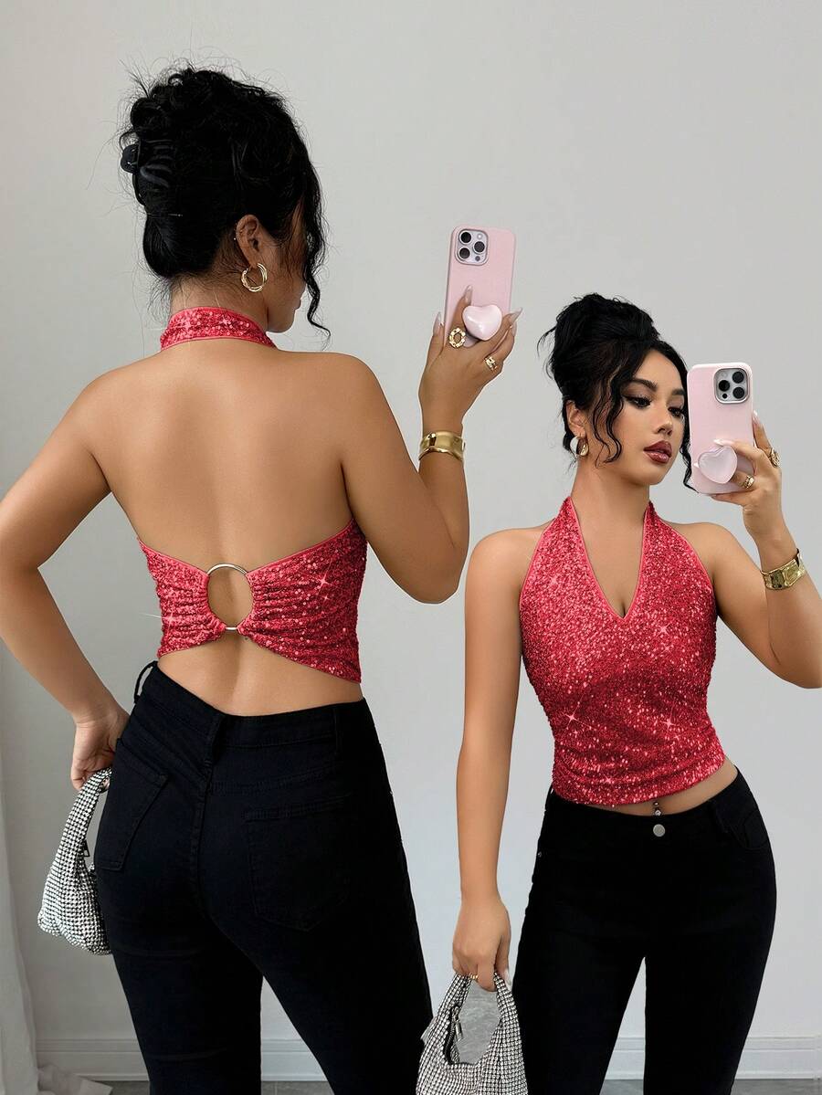 Elenzga Atasan Camisole Tanpa Lengan Leher V Berhiaskan Payet Merah Muda Cerah untuk Wanita, Gaun Pesta Rave Malam Klub Techno Musim Panas, Pinggang Berkerut dengan Cincin Logam yang Elegan - Merah - View 1