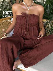 SHEIN EZwear Rust Brown Boho Two-Piece Bandeau Outfit With Ruched Bust Design And Flowy Sleeveless Arm Style - Rust Brown - View 6