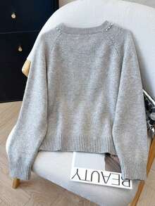 Franclia Áo len dệt kim dáng rộng màu trơn, cổ tròn, màu trơn, kiểu Hàn Quốc thu đông, đính nơ, khoét lỗ, đa năng, cỡ lớn, dành cho nữ, áo len xám, áo len chui đầu cho nữ, áo len dễ thương, áo len nơ, áo len nữ. - Xám - Xem 2