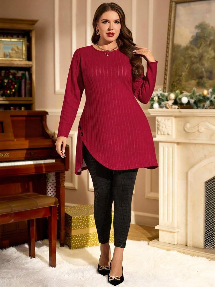 プラスサイズ カジュアル 通勤 無地トップス&レギンス 2点セット