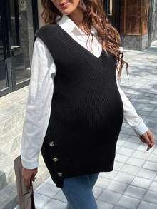 SHEIN Maternity Casual Minimalist Button Decor V-Neck Sweater Vest, Autumn - Black - View 3