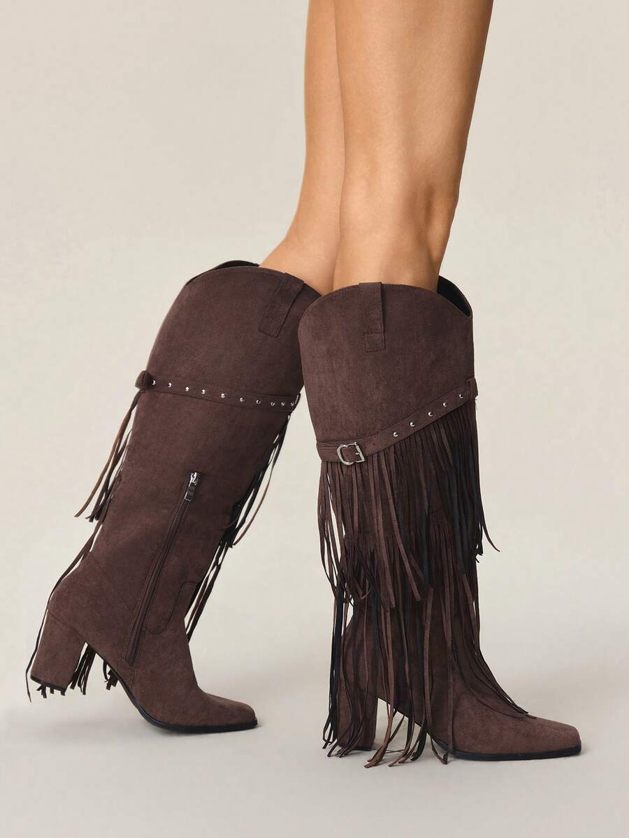 Styleloop Women's Casual Fringe Decor Solid Color Chunky Heel Knee-High Boots, Autumn/Winter For Christmas - Coffee Brown - View 1
