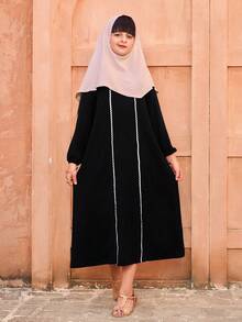 SHEIN Tween Girl Casual Minimalist Ribbon Detail Lantern Sleeve Dress, Autumn - Black - View 3