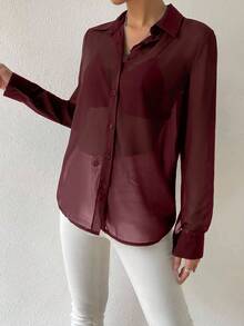 Siren Gaze 女士休闲性感透视长袖衬衫，适合春、夏、秋季穿着 - 酒紅色 - 查看 10