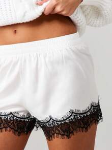 MISSGUIDED Quần ngủ ngắn viền ren, đồ mặc nhà, quần pajama, cạp chun, đồ ngủ thoải mái, đồ ngủ mùa hè, có dây rút - trắng - Xem 4