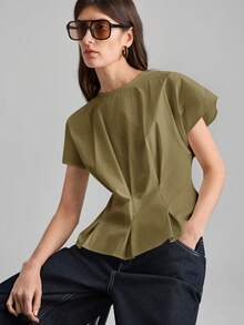 Ontre Women's Gathered Cap Sleeve Round Neck Cap Sleeve Top, Urban Commute Business Casual Wear, Elegant For Outings, Dates, Weddings, Vacations - Army Green - View 7