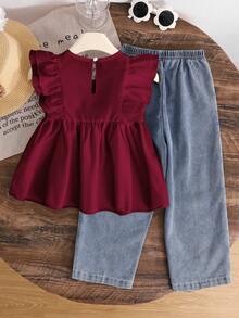 SHEIN Genkimix Kids 两件套：少女可爱简约休闲荷叶边无袖上衣和时尚铆钉牛仔裤 - 酒紅色 - 查看 2