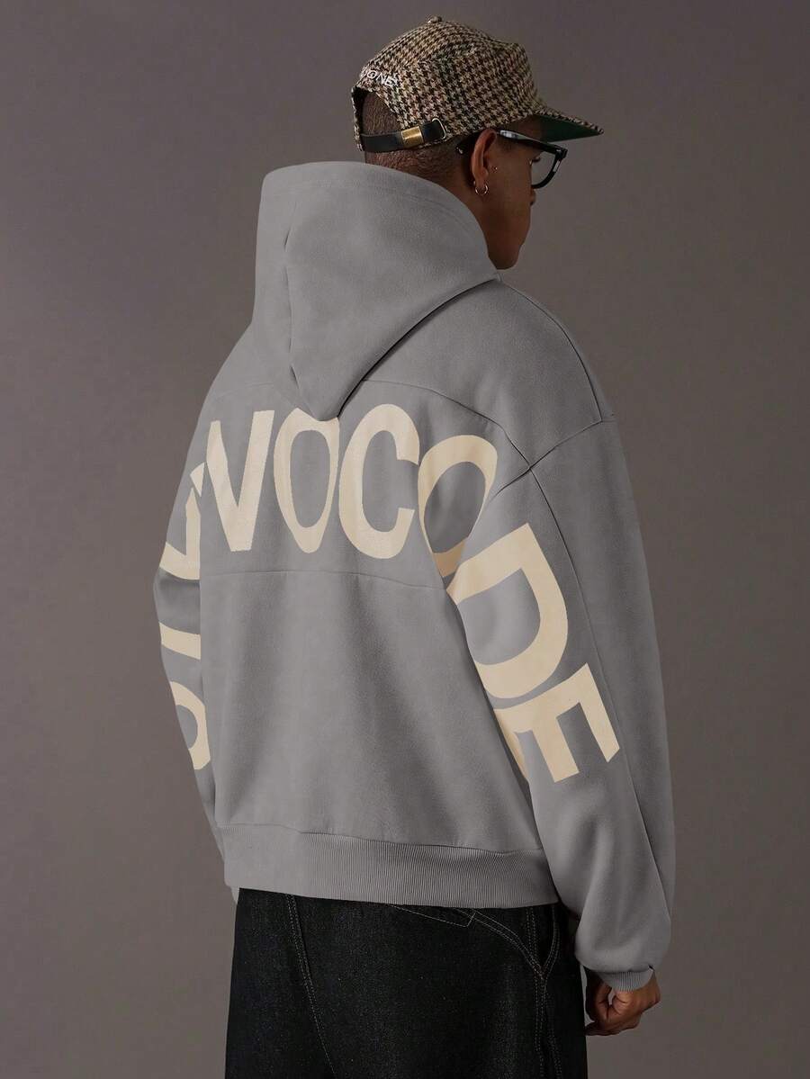 STYNVO 男士字母图案落肩长袖休闲时尚连帽衫 - 淺灰色 - 查看 1