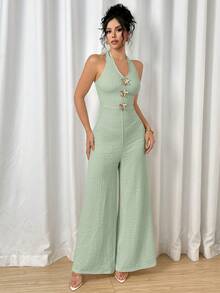 Modelyn Metal Buckle Sleeveless Spaghetti Strap Crop Top & Wide Leg Jumpsuit For Women - Mint Green - View 5