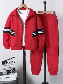 SHEIN Explorewe 男童连帽长袖外套套装（含裤子）2件套 - 紅色 - 查看 7