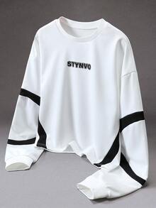 STYNVO 男士休闲宽松圆领长袖印花拼接套头衫 - 白色 - 查看 3
