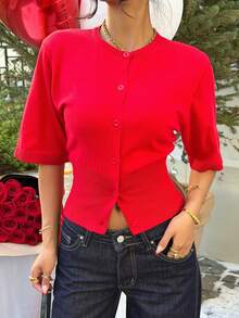 SHEIN EZwear 女士红色圆领单排扣休闲百搭短袖开衫，适合外出、街头风、Y2K风格、情人节、春季穿着。 - 紅色 - 查看 4