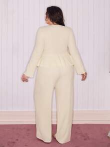 SHEIN Comfortable Plus Size Knitted Lounge Set Beige Deep V Neck Ruched Long Sleeve - Beige - View 2