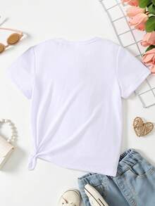 SHEIN Áo thun ngắn tay in hình trái tim cho bé gái, áo trắng in hình trái tim và kẹo mút sáng tạo, kiểu áo đa năng cho mùa xuân/hè. - trắng - Xem 2