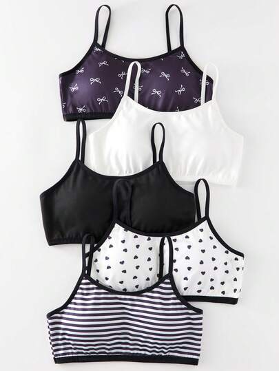 Conjunto de 5 sujetadores acolchados suaves de algodón, cómodos, informales y coloridos con lazo para niñas