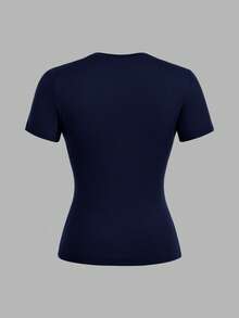 SHEIN EZwear 2 chiếc áo thun ngắn tay cổ tròn đơn giản, màu xanh hải quân và đỏ tía, thích hợp cho mùa xuân/hè. - Nhiều màu - Xem 5