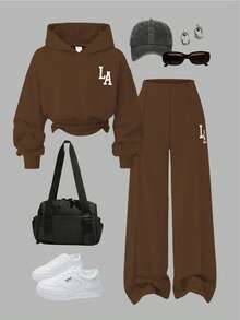 SHEIN Girls Casual Knit Solid Color Front Graphic Letter Print Drop Shoulder Hooded Sweatshirt & Pants 2 Pieces Set - Camel - View 6