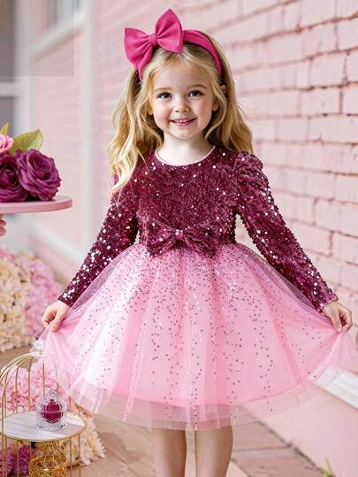 Elladie kids Girls' New Autumn/Winter Sequin Velvet Contrast Mesh Sequin Pink A-Line Dress, Suitable For Autumn/Winter, A-Line Dress, High-Quality Fabric, Shiny Sequin Velvet Contrast Mesh Design, Suitable For Outings And Casual Occasions
