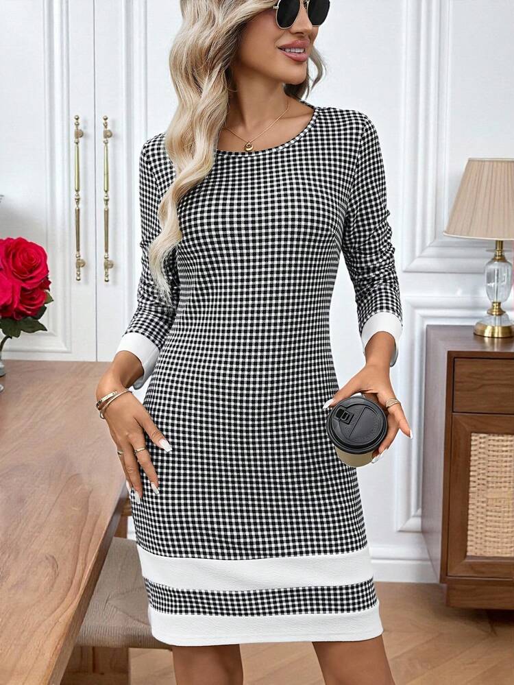 Women's Contrast Plaid Casual Everyday Long Sleeve Mini Dress Checkered Dress Women Long Sleeve Dress Plaid Dress Women Quick Ship Women Dress Black And White Dress
