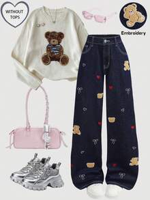 Girlism Teen GirlHeart & Bow Embroidered Bear Patch Loose Wide Leg Jeans, Navy Blue - Dark Wash - View 1