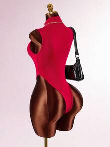 Amplova New Year & Valentine's Day Party, Date Occasion High Neck Tight Bodysuit With Cutout Heart Design, Sexy Red Bodysuit Women Sexy Body Suit