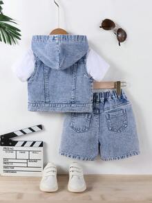 2件套幼儿男童星形图案连帽无袖上衣和牛仔短裤套装