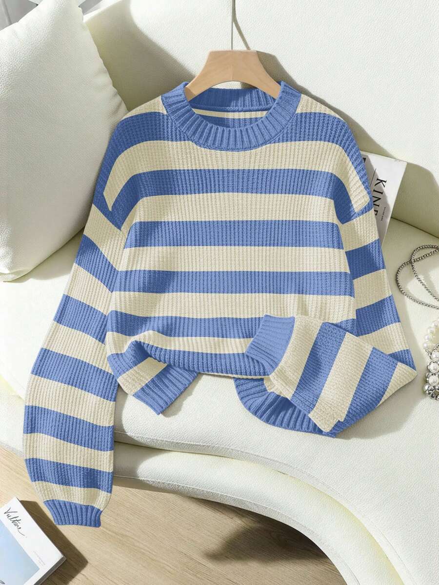 EMERY ROSE Suéter de cuello redondo casual y versátil de manga larga con estampado de rayas - Multicolor - Ver 1