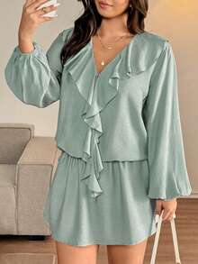 Vionelle 大码女士休闲优雅V领荷叶边宽松腰抽绳长袖短款连衣裙，适合春季、秋季、冬季，法式浪漫风、西西里风，通勤、度假、下午茶、圣诞节、奢华派对等场合。鼠尾草绿连衣裙，荷叶边连衣裙，女士长袖夏季连衣裙，薄荷绿连衣裙，鼠尾草绿连衣裙，薄荷绿迷你连衣裙，荷叶边迷你连衣裙，长袖荷叶边连衣裙，优雅女士迷你连衣裙，长袖连衣裙，优雅连衣裙 - 薄荷綠 - 查看 3