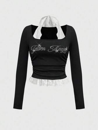 ROMWE Avant Punk Bro Letter Rhinestone & Lace Patchwork Crew Neck Fitted Women Long Sleeve T-Shirt