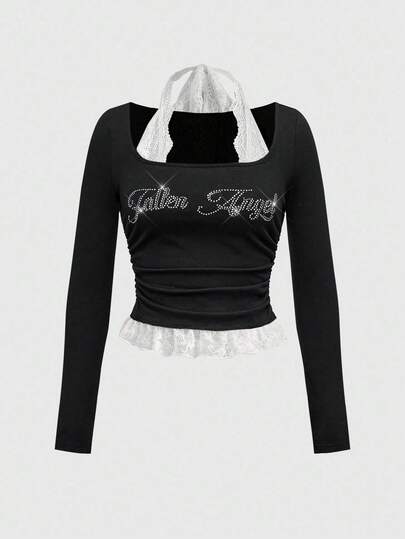 ROMWE Avant Camiseta de manga larga ajustada con cuello redondo, parche de strass y encaje con diseño de letras estilo punk para mujer