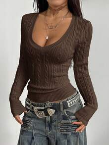 Coolane Women's Winter Vintage Preppy Y2K Daily Wear Going Out Renaissance Fair Cable-Knit Club Brown Long Sleeve V-Neck Sweater - Coffee Brown - View 4