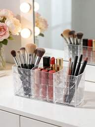 1PC Clear Acrylic Makeup Brush Organizer 3 Compartments Cosmetic Storage Box Pen Holder Desk Organizer Vanity Accessories Christmas Holiday Gift Giving Beauty Storage Essential Multifunctional Transparent Display Case For Bathroom Office Home Decor